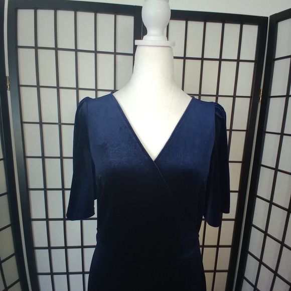 MEROKEETY Women's Blue V-Neck Wrap Velvet Maxi Dress Bell Sleeve Dress Size Med - Picture 5 of 10